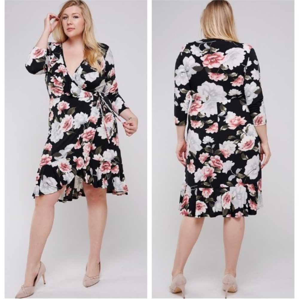 Plus Size Floral Print Wrap Style Dress